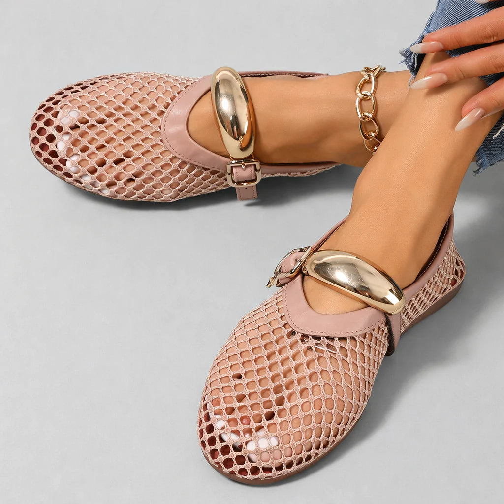 Darla | Women's Mesh Buckle Details Mary Jane Flats