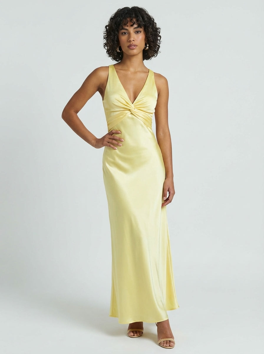 Brellmont | Ava Women’s Yellow V Neck Sleeveless Long Maxi Dress