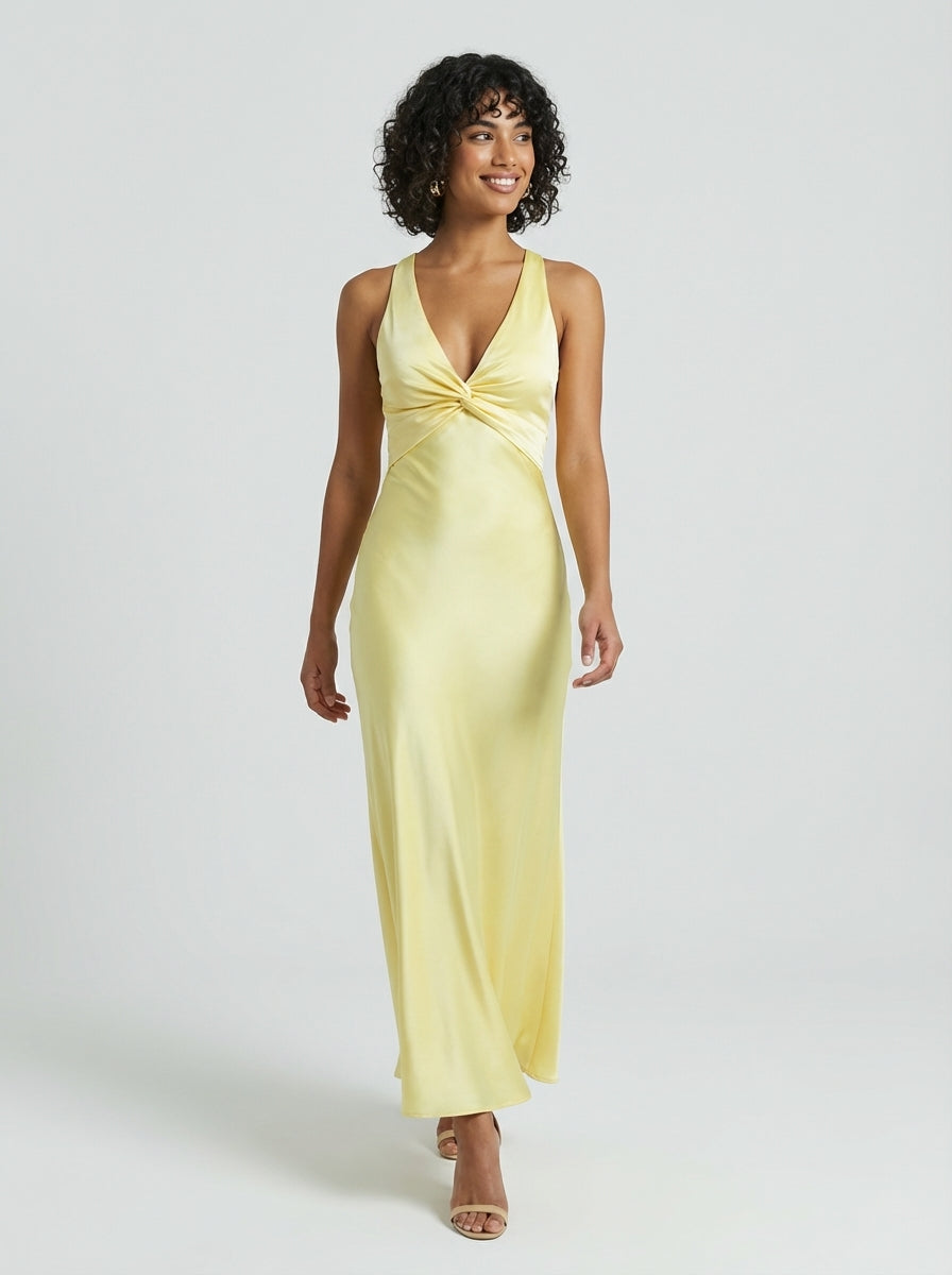 Brellmont | Ava Women’s Yellow V Neck Sleeveless Long Maxi Dress
