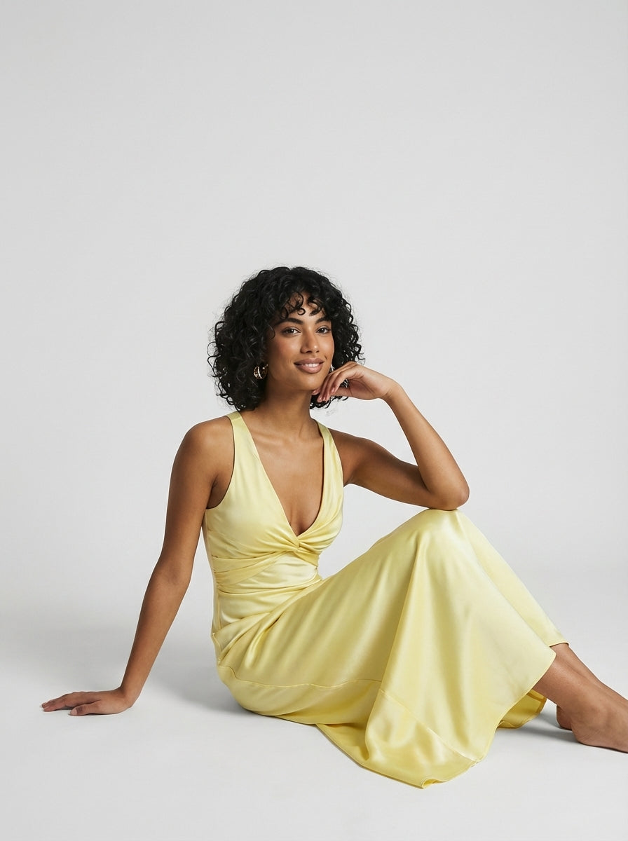 Brellmont | Ava Women’s Yellow V Neck Sleeveless Long Maxi Dress