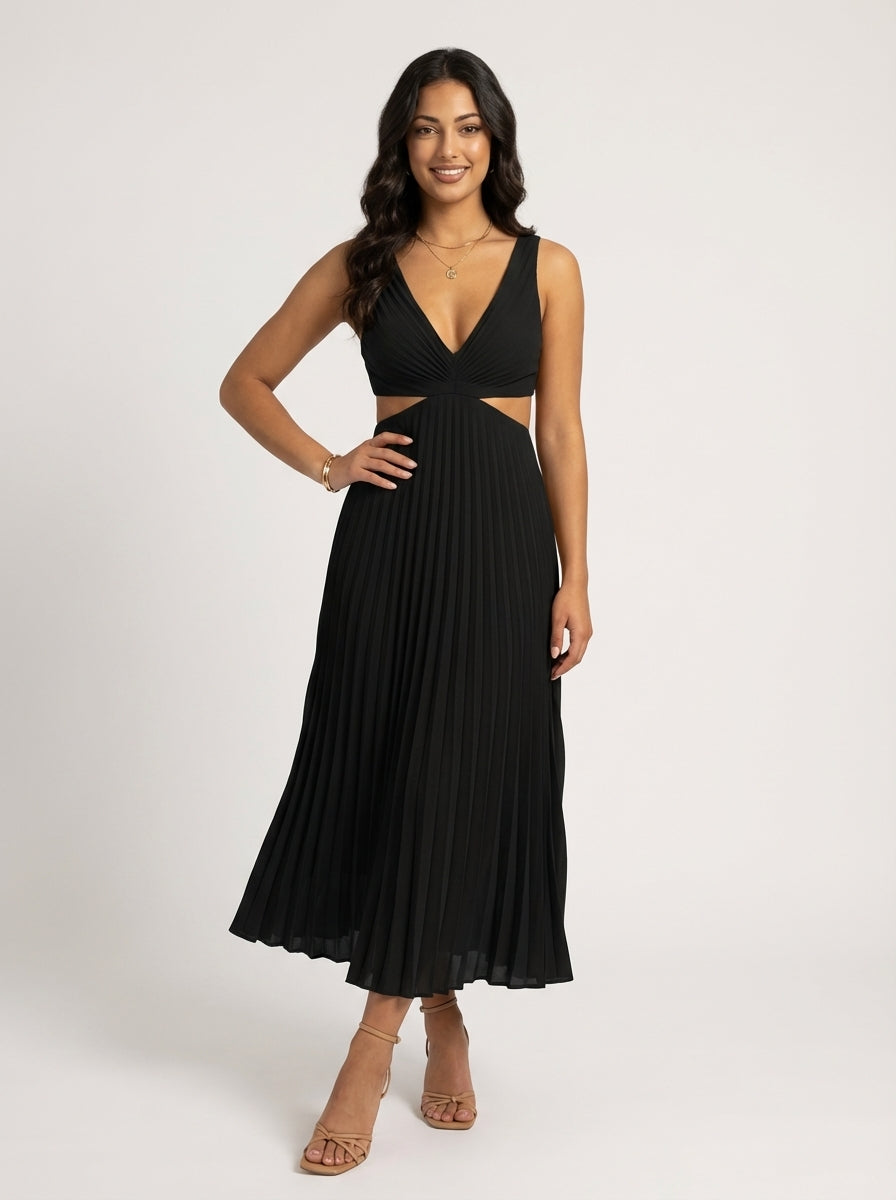 Brellmont | Grace Women’s Pleated Cut Out V Neck Maxi Dress