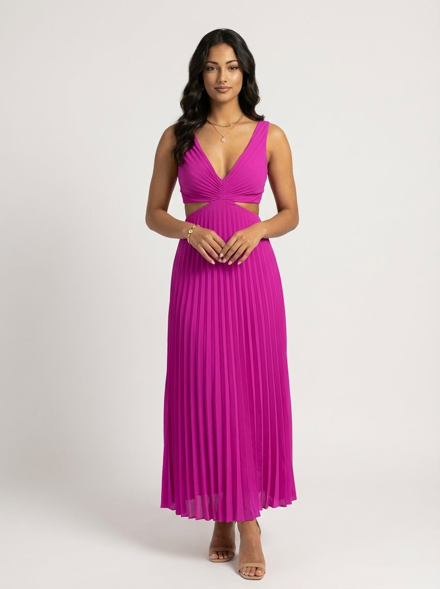 Brellmont | Grace Women’s Pleated Cut Out V Neck Maxi Dress
