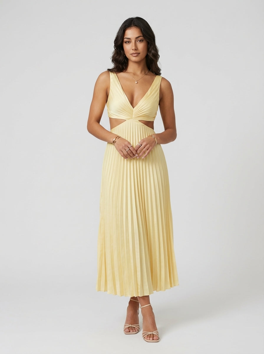 Brellmont | Grace Women’s Pleated Cut Out V Neck Maxi Dress