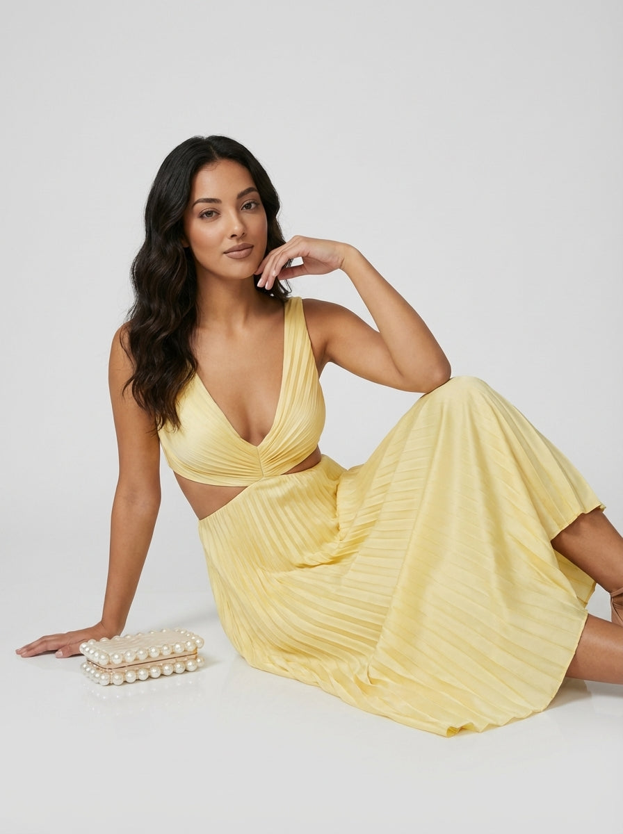 Brellmont | Grace Women’s Pleated Cut Out V Neck Maxi Dress