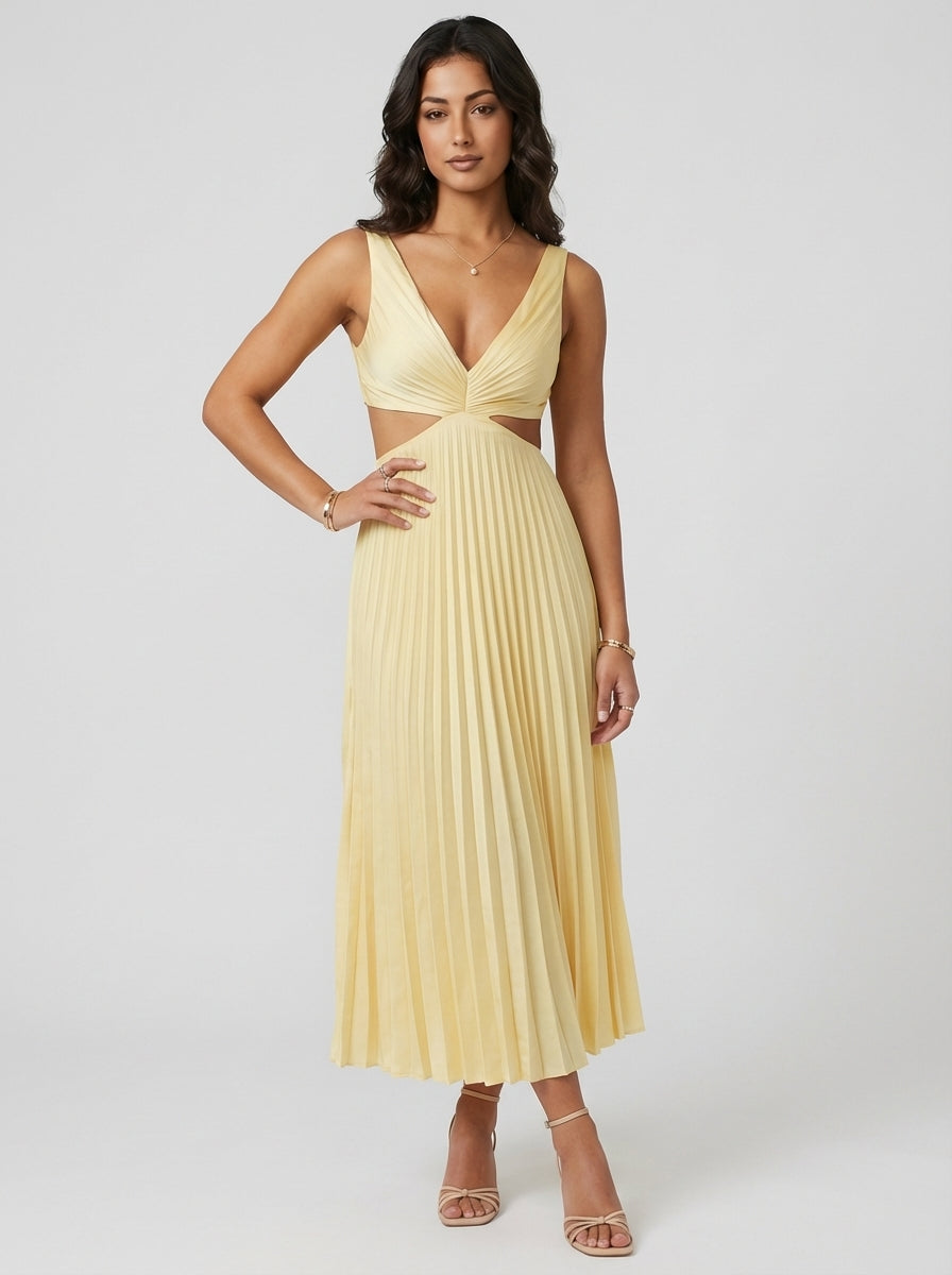 Brellmont | Grace Women’s Pleated Cut Out V Neck Maxi Dress