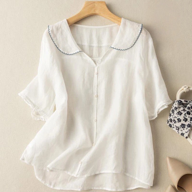 Abigail | Women’s Scalloped Collar V Neck Ruffle Sleeve Blouse