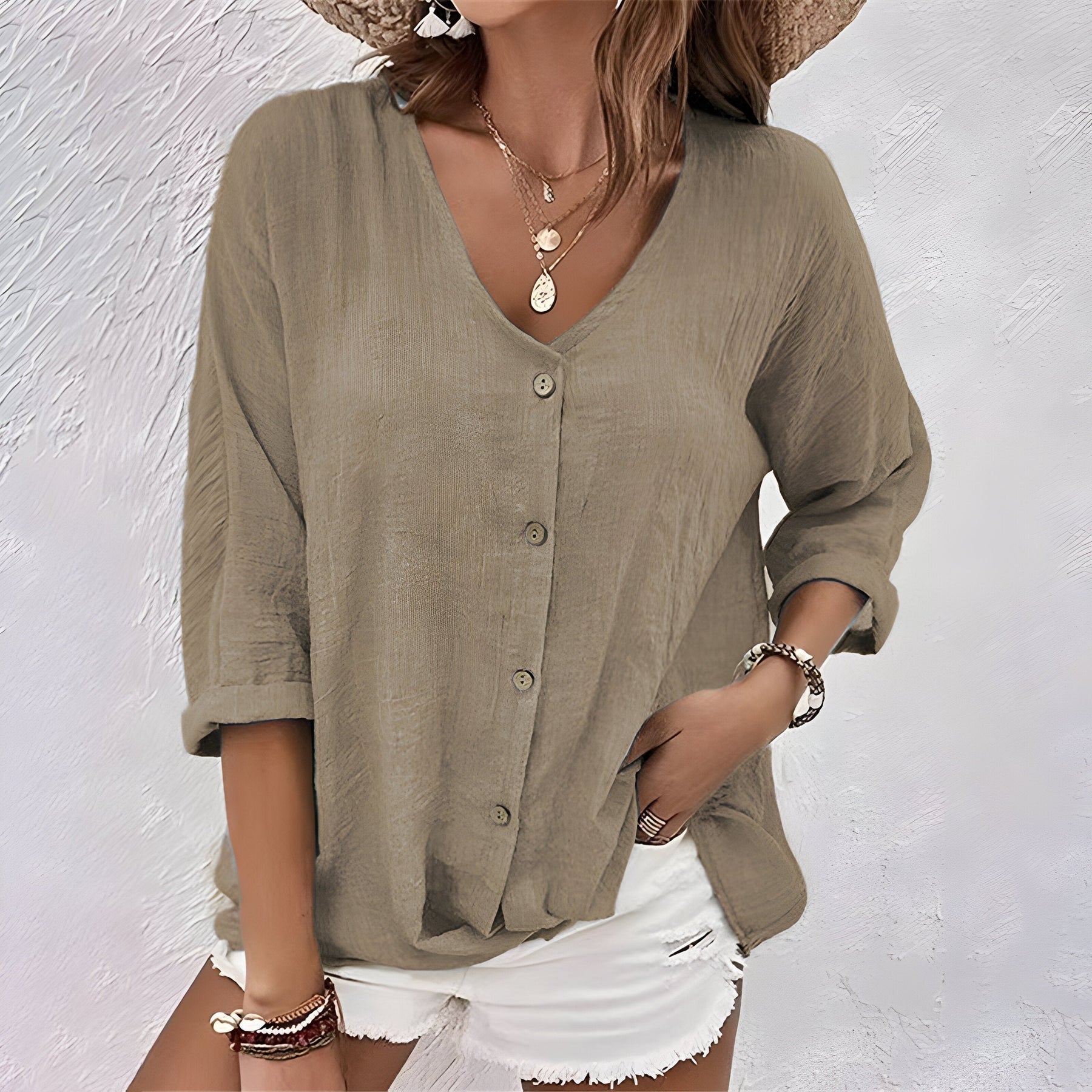 Abril | Women’s Rolled Sleeve V Neck Summer Blouse
