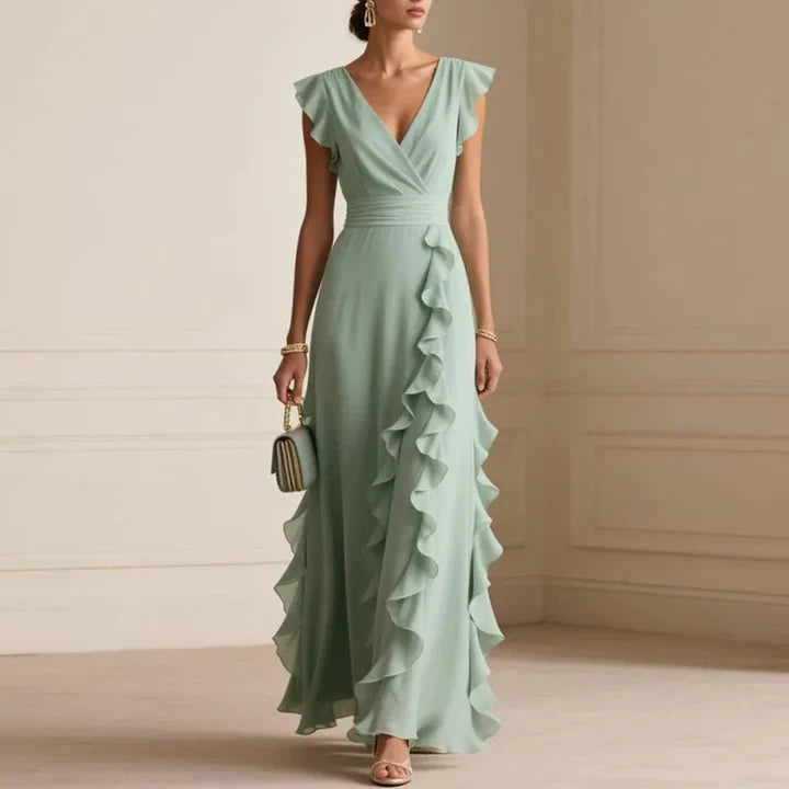 Adara | Women’s Flutter Sleeve V Neck Ruffle Maxi Dress