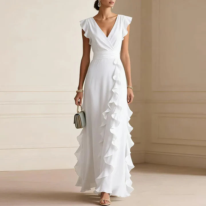 Adara | Women’s Flutter Sleeve V Neck Ruffle Maxi Dress