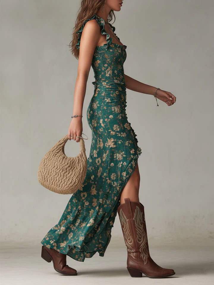 Adelheid | Women’s Ruched High Slit Sleeveless Floral Maxi Dress