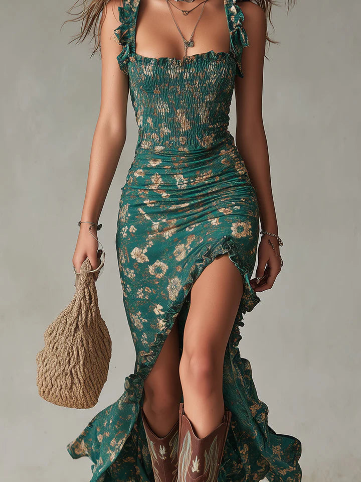 Adelheid | Women’s Ruched High Slit Sleeveless Floral Maxi Dress