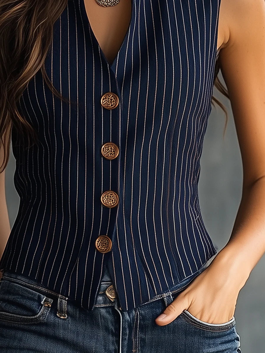 Adelina | Women’s Button Front Striped Sleeveless Top