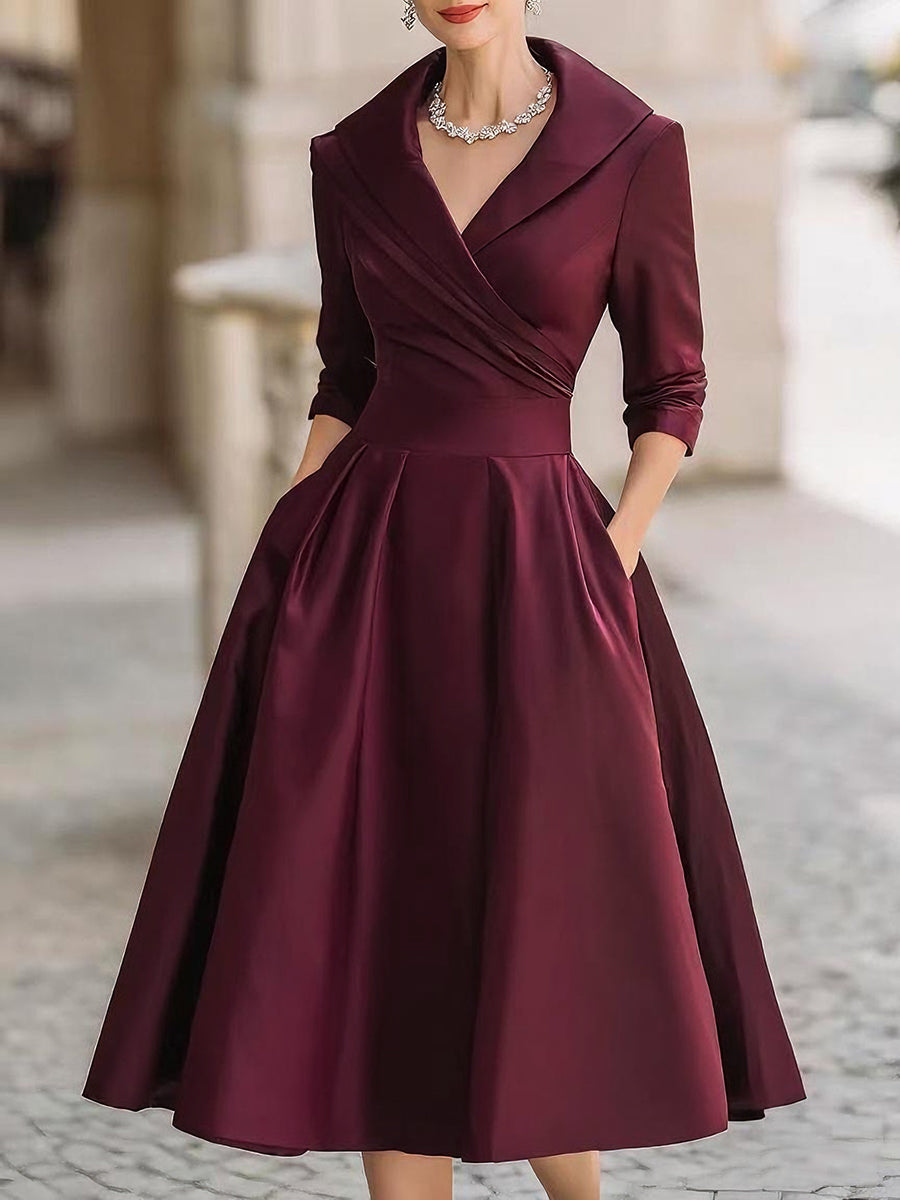 Adeline | Women’s Portrait Collar V Neck Midi Dress