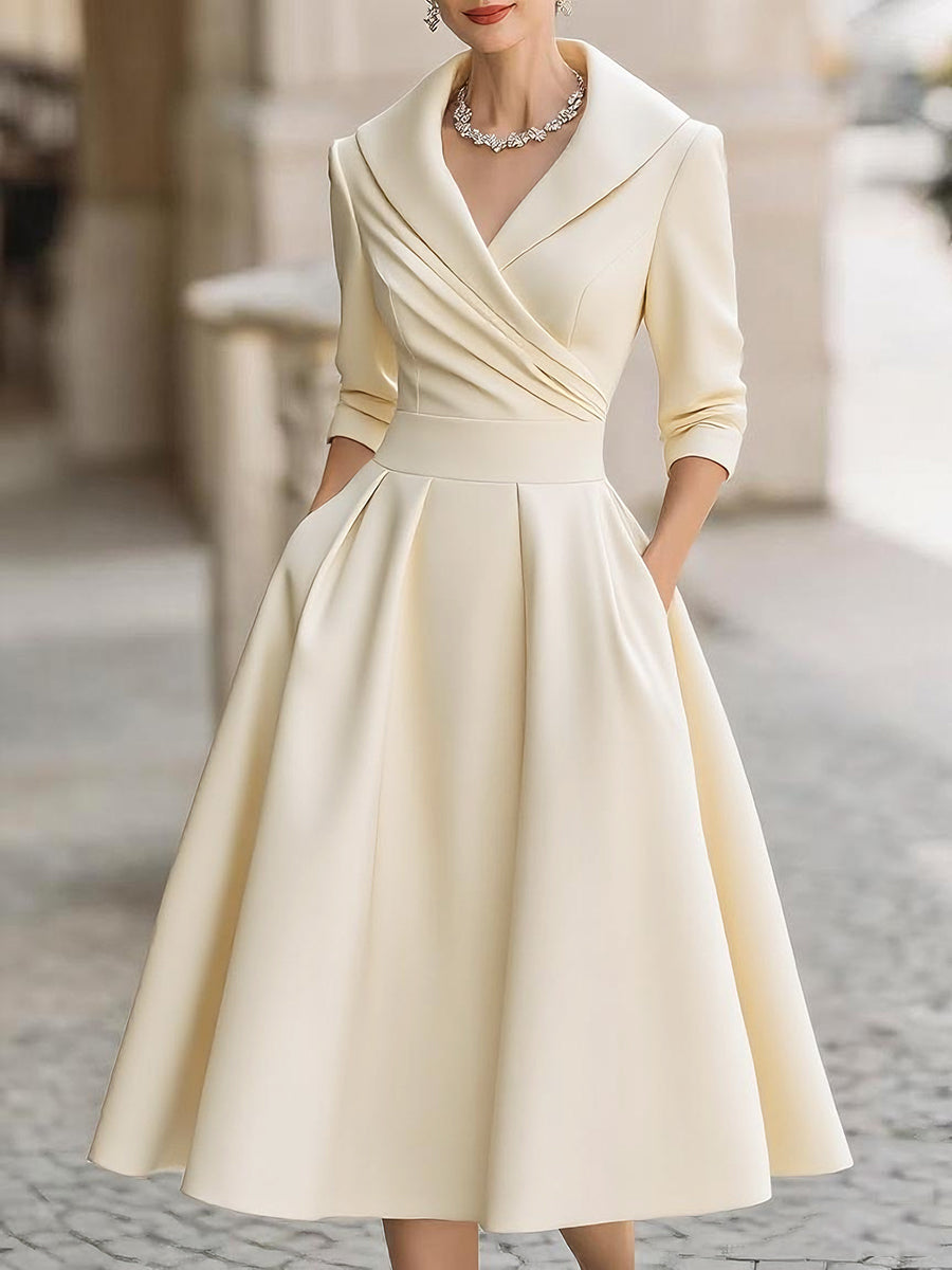 Adeline | Women’s Portrait Collar V Neck Midi Dress