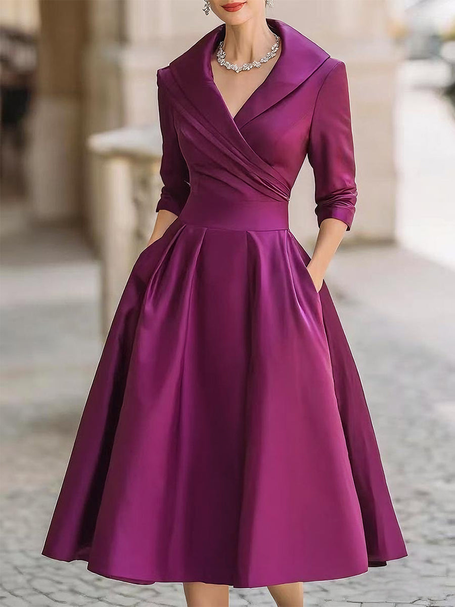 Adeline | Women’s Portrait Collar V Neck Midi Dress