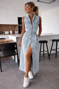 Adina | Women’s Sleeveless Collared Button Front Denim Maxi Dress
