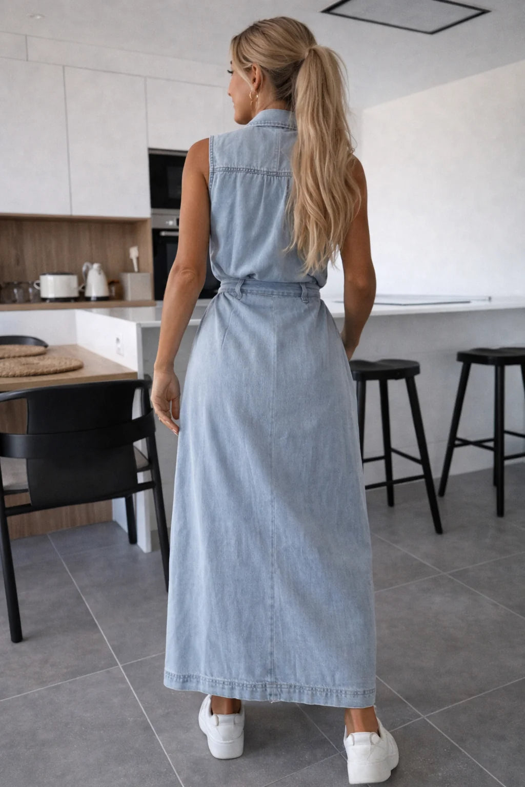 Adina | Women’s Sleeveless Collared Button Front Denim Maxi Dress
