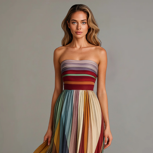 Adrienne | Women’s Strapless Multi Stripe Wedding Guest Dress
