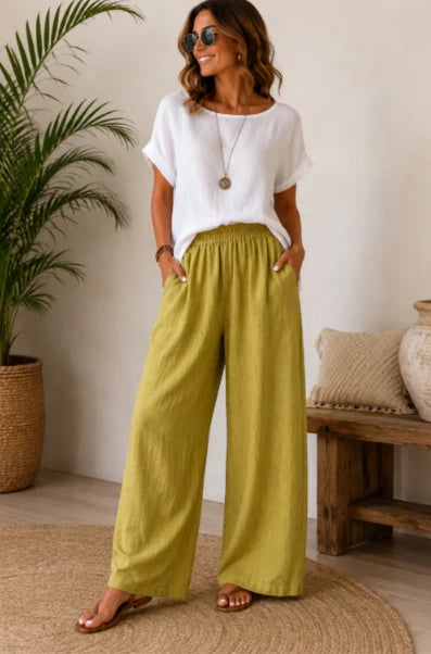 Agafia | Women’s Elastic Waist Wide Leg Side Pockets Trousers
