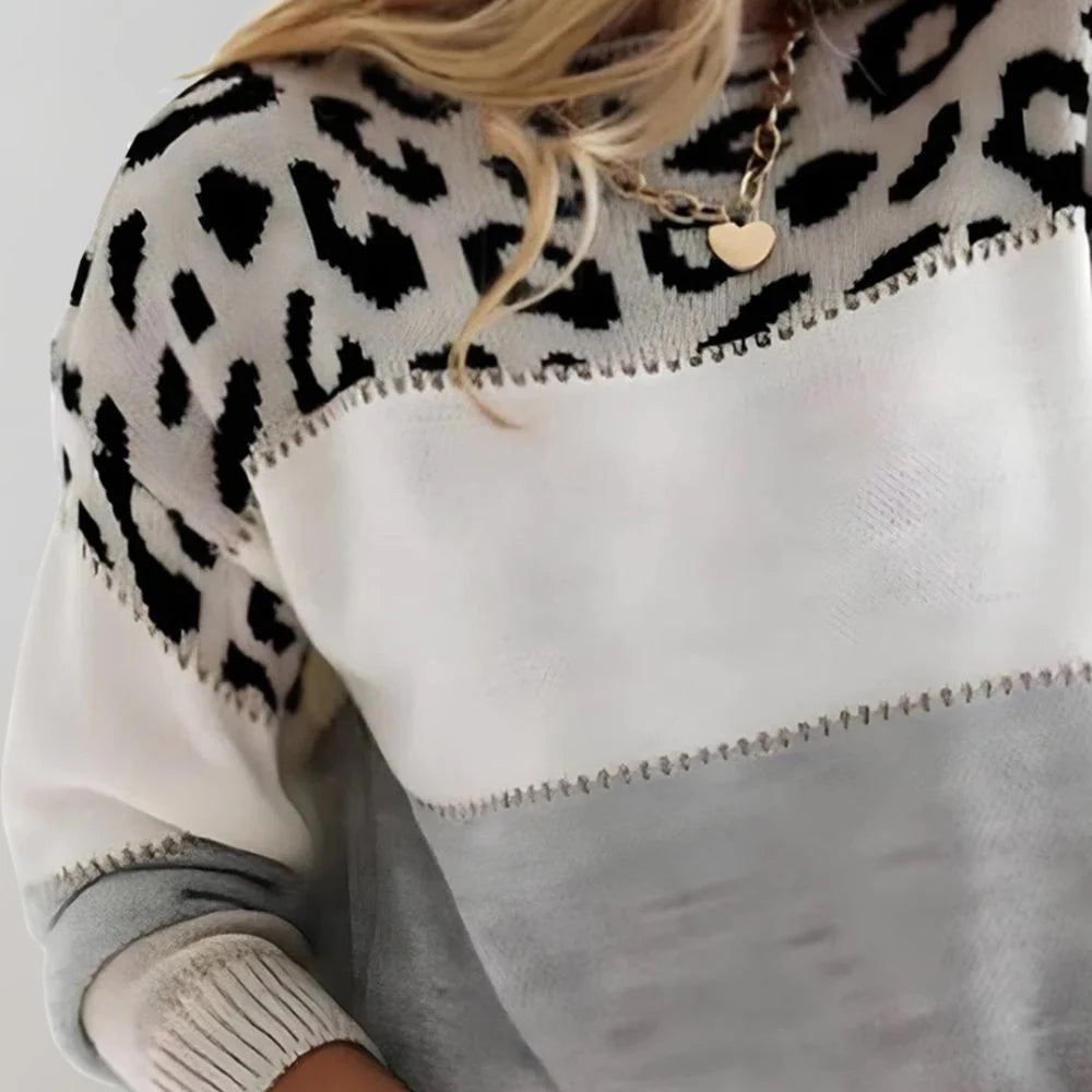 Agapita | Women's Leopard Print Colorblock Long Sleeve Sweater