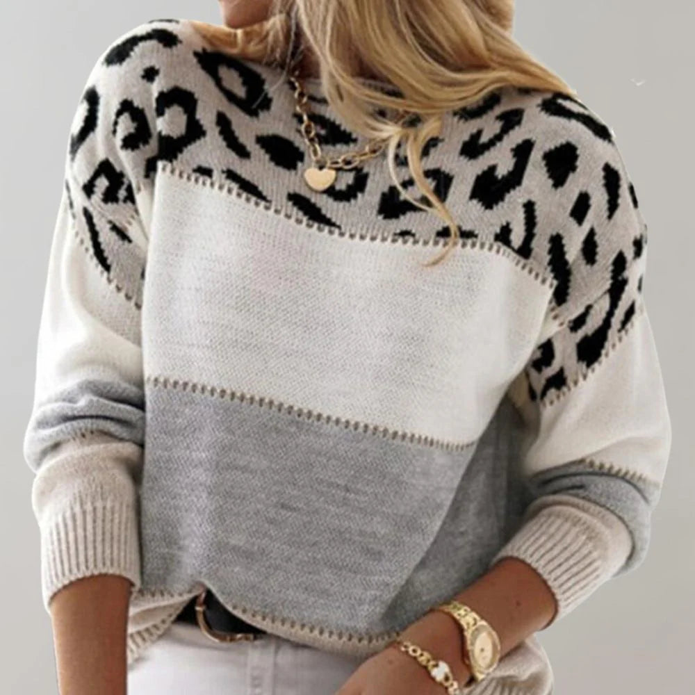 Agapita | Women's Leopard Print Colorblock Long Sleeve Sweater