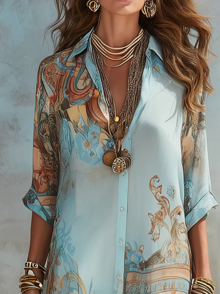 Agneta | Women’s Collared Button Front Printed Flowy Maxi Dress