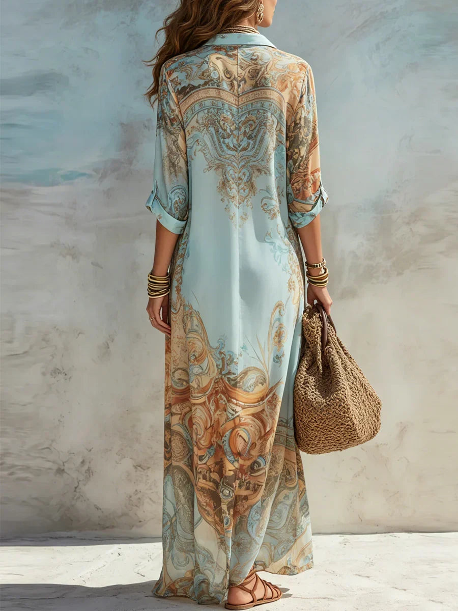 Agneta | Women’s Collared Button Front Printed Flowy Maxi Dress