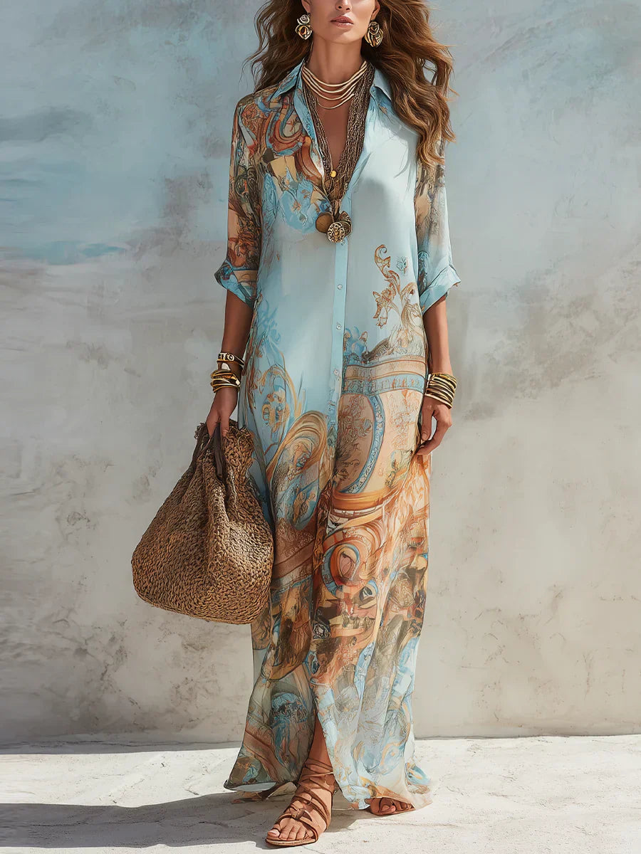 Agneta | Women’s Collared Button Front Printed Flowy Maxi Dress