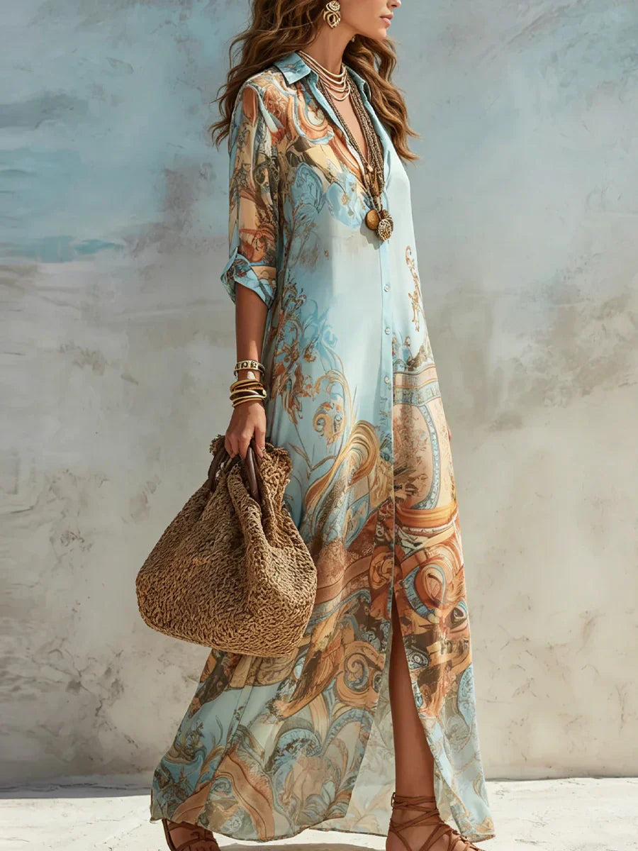 Agneta | Women’s Collared Button Front Printed Flowy Maxi Dress