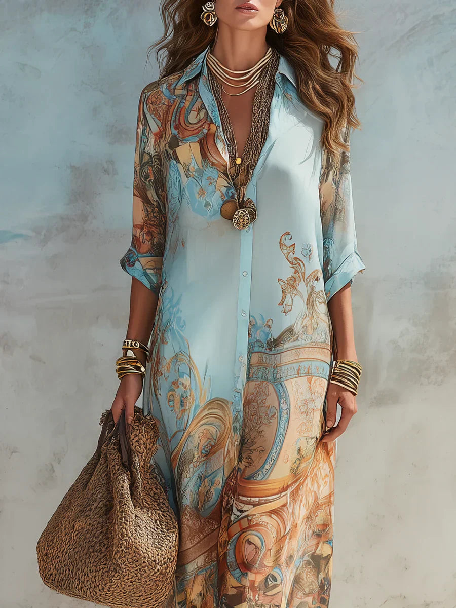 Agneta | Women’s Collared Button Front Printed Flowy Maxi Dress