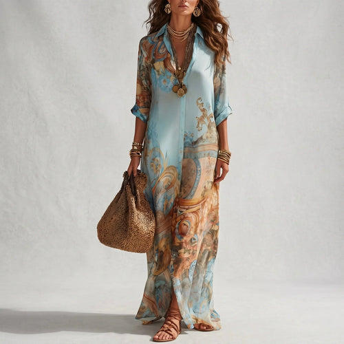 Agneta | Women’s Collared Button Front Printed Flowy Maxi Dress