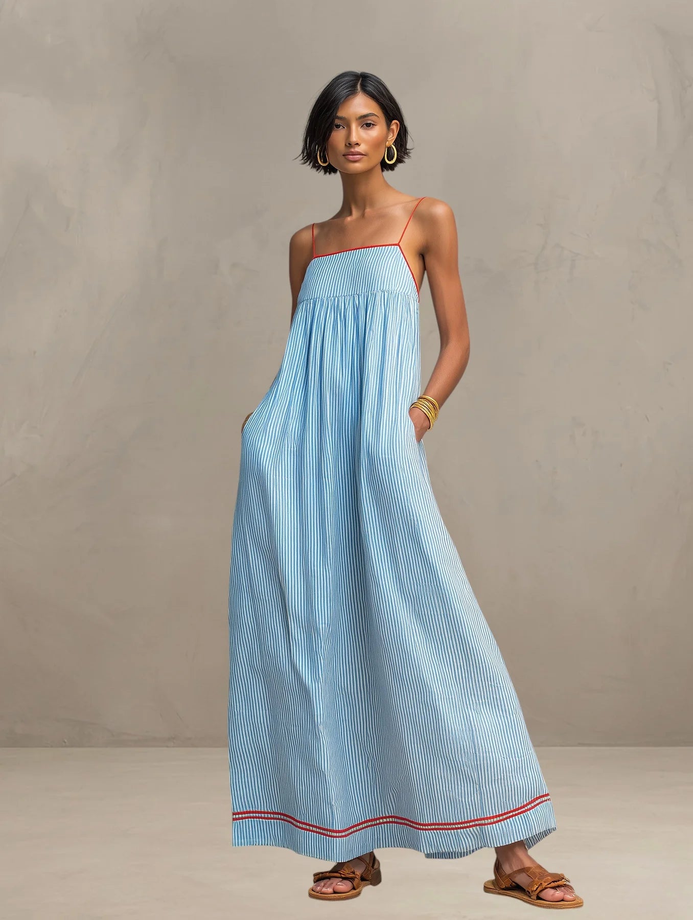Agnieszka | Women’s Strappy Square Neck Sleeveless Striped Maxi Dress