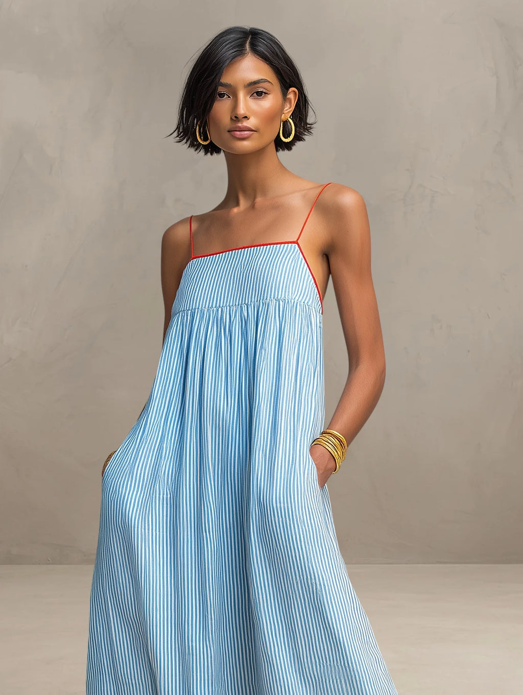 Agnieszka | Women’s Strappy Square Neck Sleeveless Striped Maxi Dress