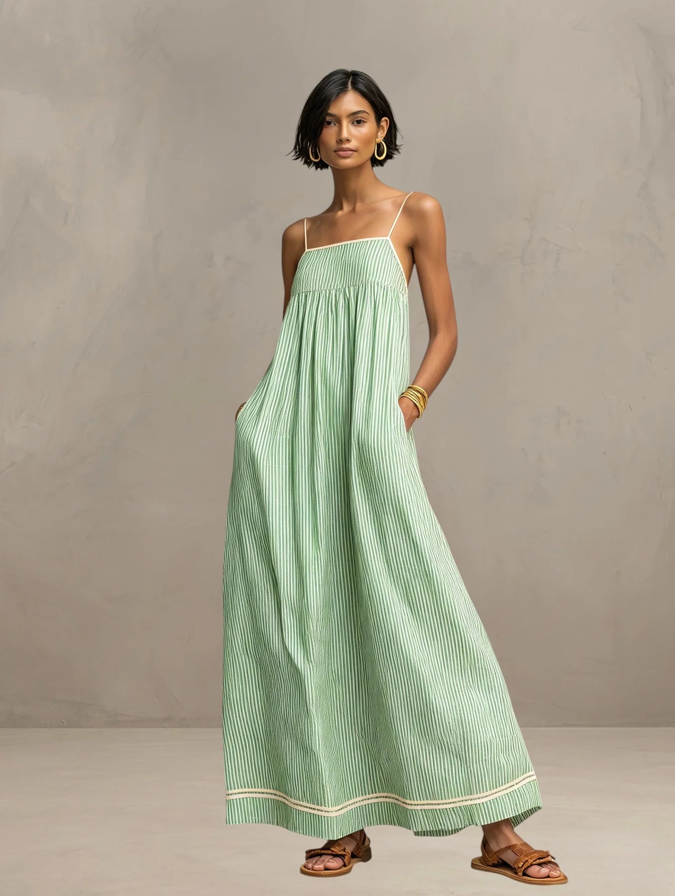 Agnieszka | Women’s Strappy Square Neck Sleeveless Striped Maxi Dress