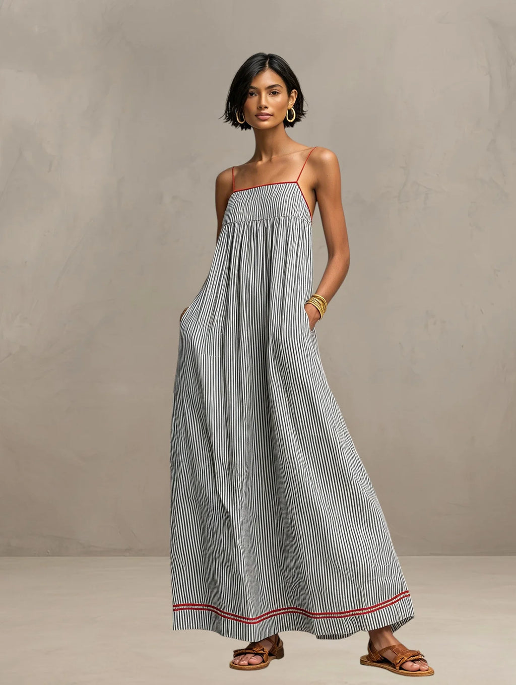 Agnieszka | Women’s Strappy Square Neck Sleeveless Striped Maxi Dress