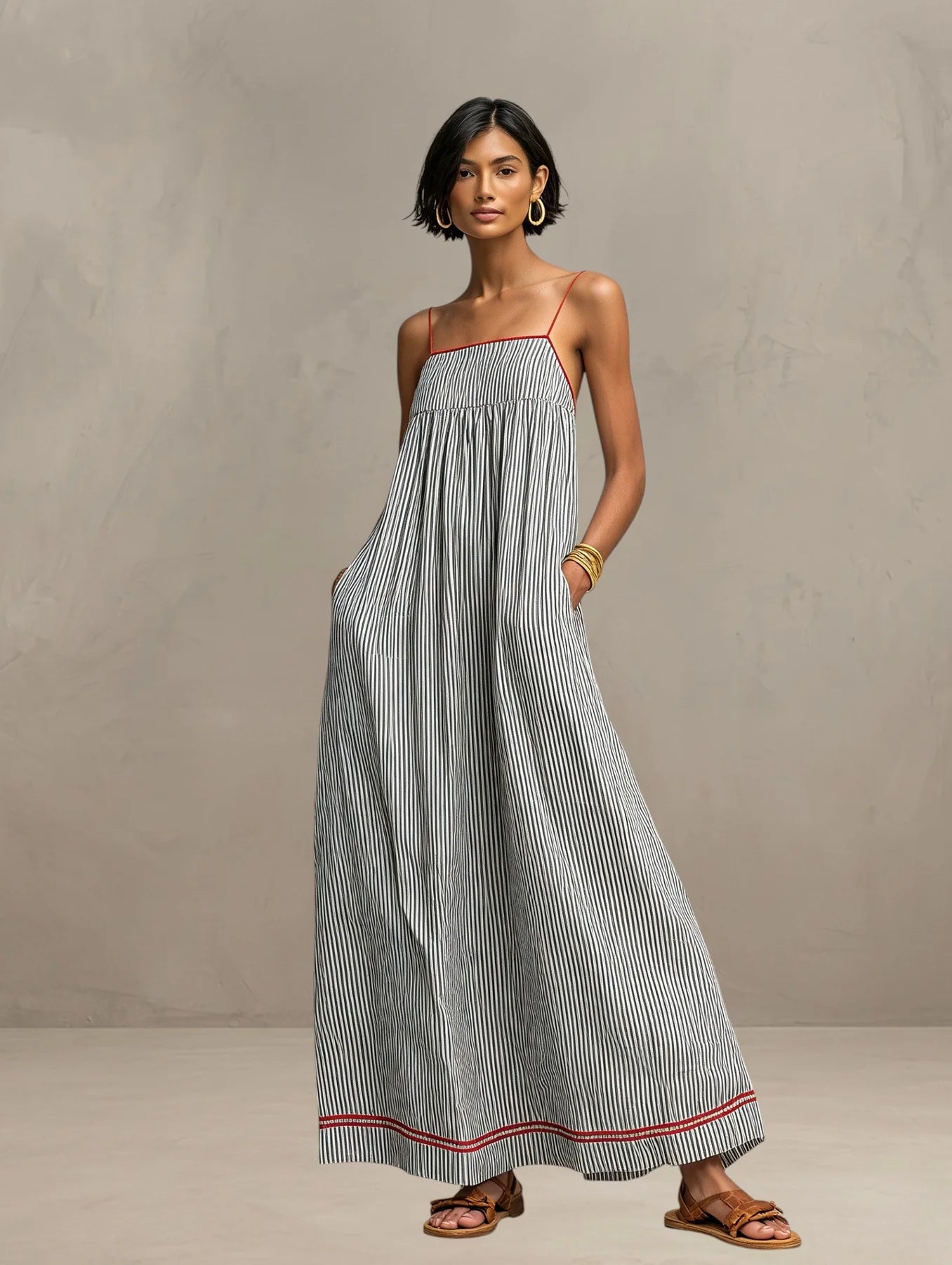 Agnieszka | Women’s Strappy Square Neck Sleeveless Striped Maxi Dress
