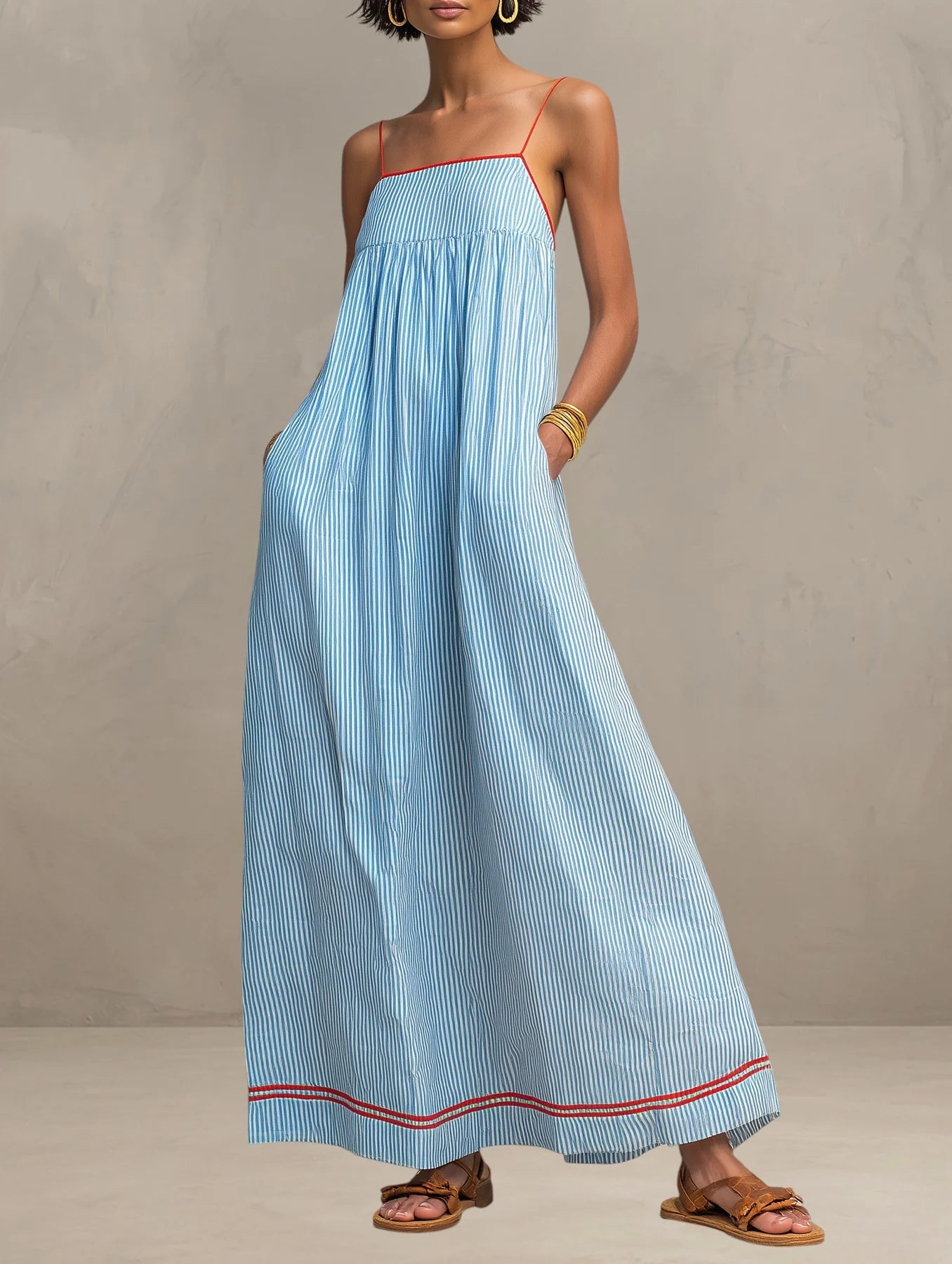 Agnieszka | Women’s Strappy Square Neck Sleeveless Striped Maxi Dress
