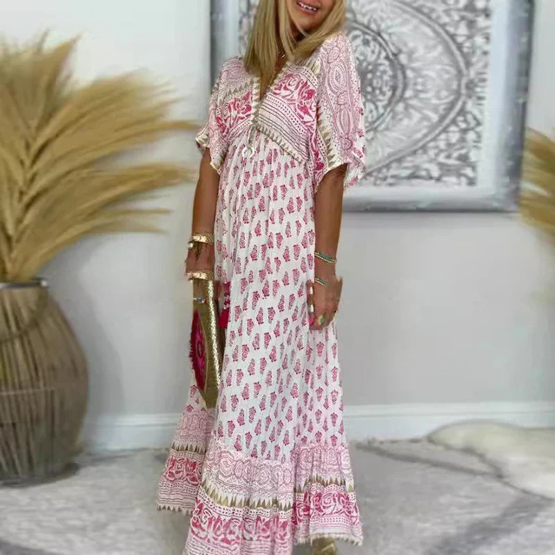 Ahsley | Women's Printed Short Sleeve V Neck Summer Maxi Dress