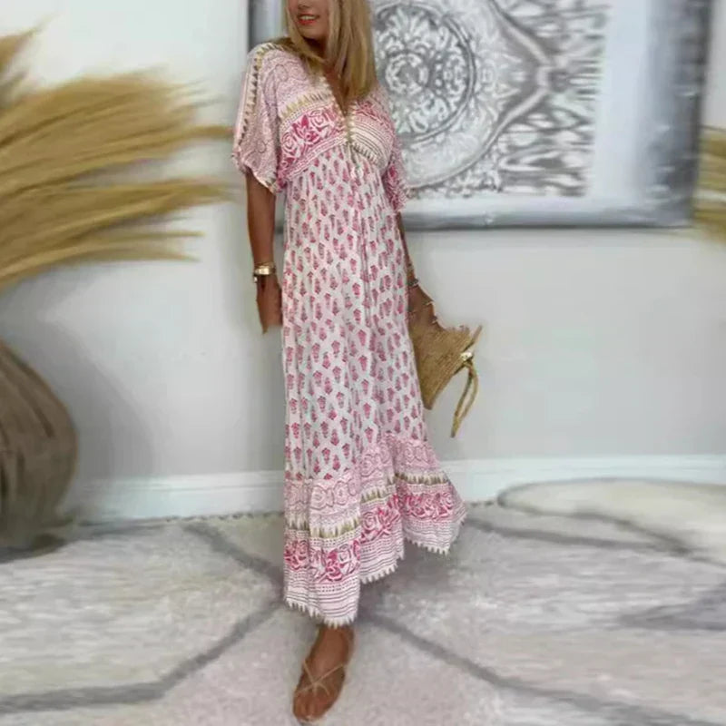 Ahsley | Women's Printed Short Sleeve V Neck Summer Maxi Dress