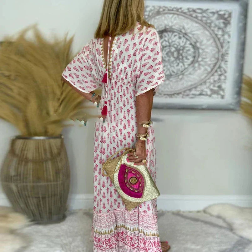 Ahsley | Women's Printed Short Sleeve V Neck Summer Maxi Dress