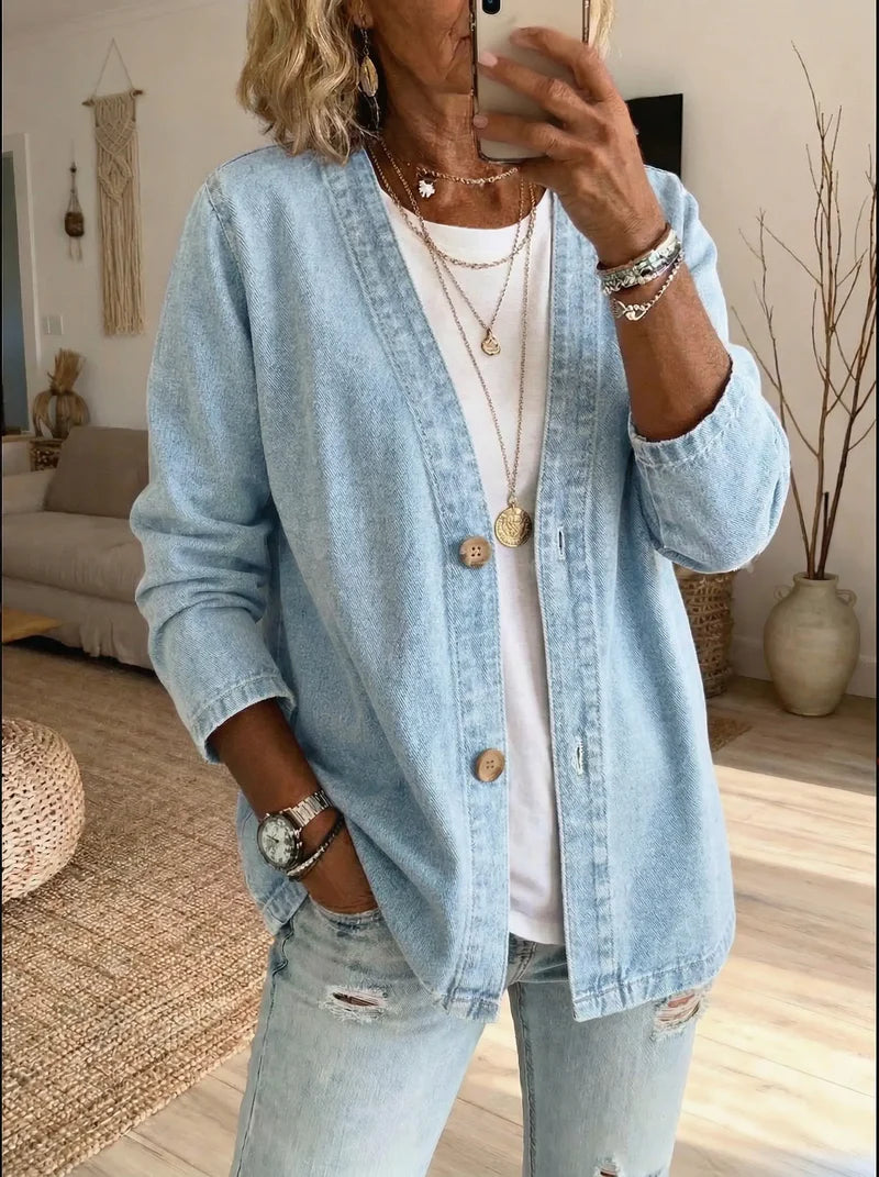 Ahuva | Women’s Button Front Long Sleeve V Neck Denim Jacket