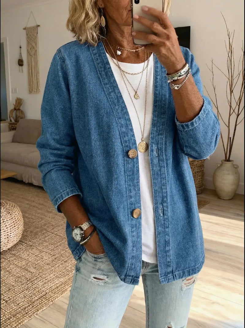 Ahuva | Women’s Button Front Long Sleeve V Neck Denim Jacket