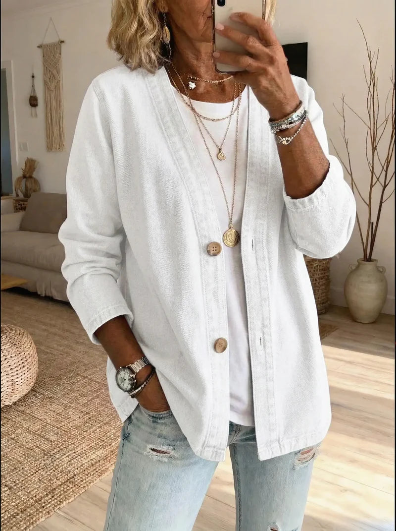 Ahuva | Women’s Button Front Long Sleeve V Neck Denim Jacket