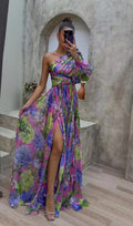 Aida | Women’s Flowy Floral One Shoulder High Slit Maxi Dress