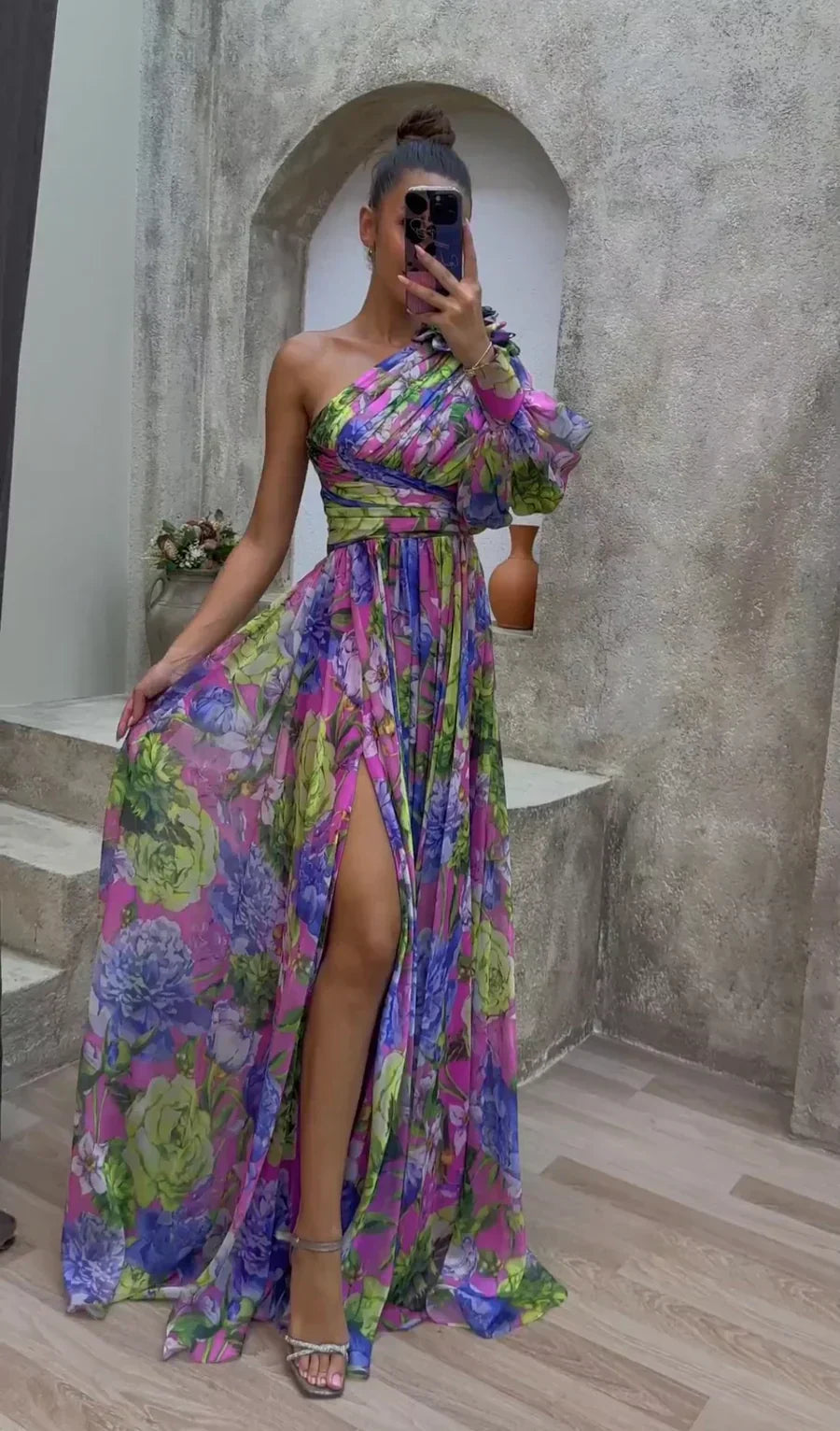 Aida | Women’s Flowy Floral One Shoulder High Slit Maxi Dress