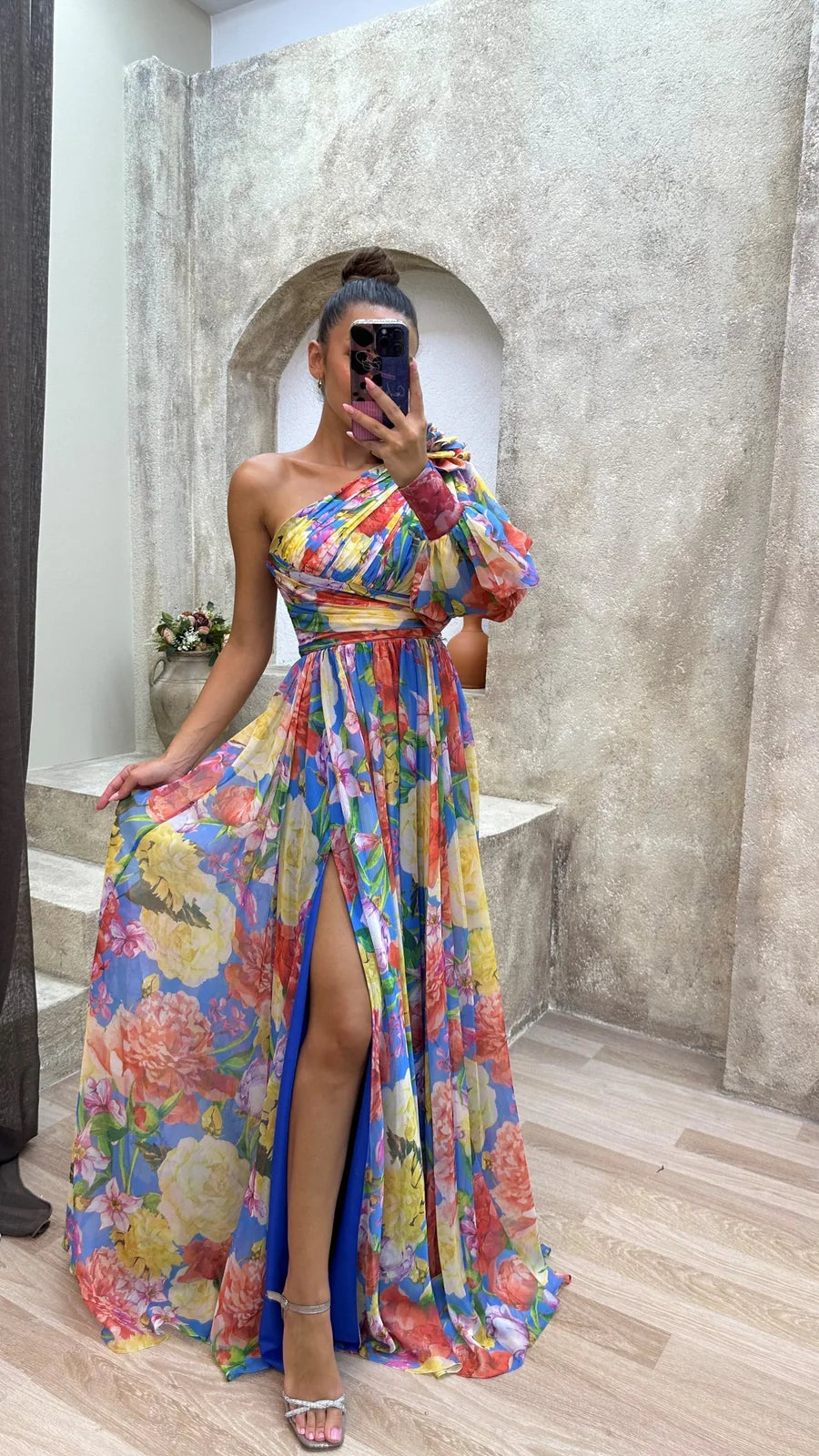Aida | Women’s Flowy Floral One Shoulder High Slit Maxi Dress