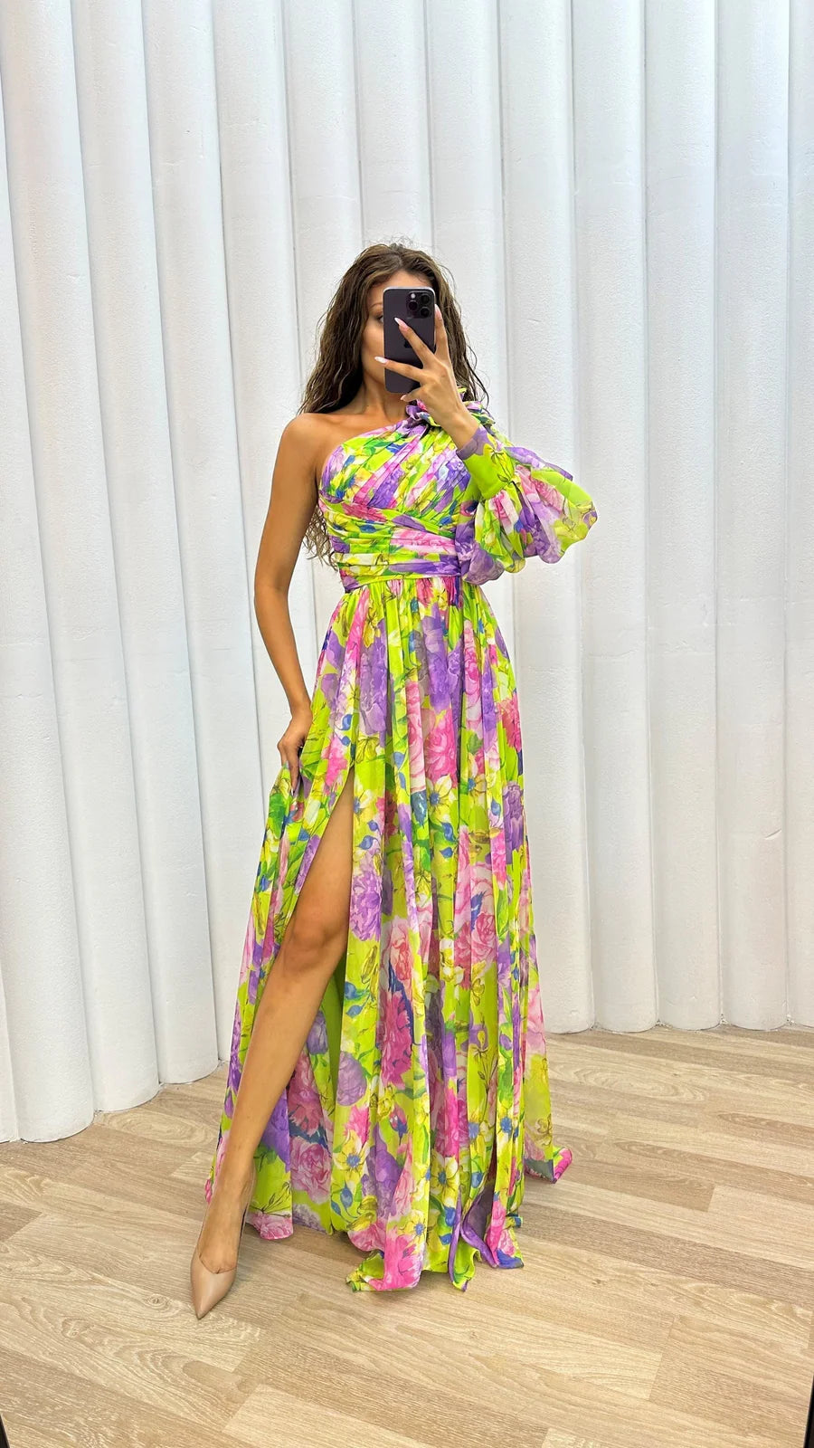 Aida | Women’s Flowy Floral One Shoulder High Slit Maxi Dress