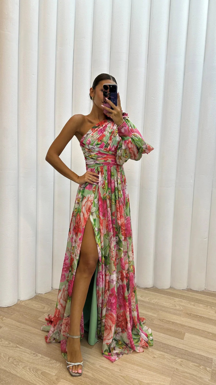 Aida | Women’s Flowy Floral One Shoulder High Slit Maxi Dress
