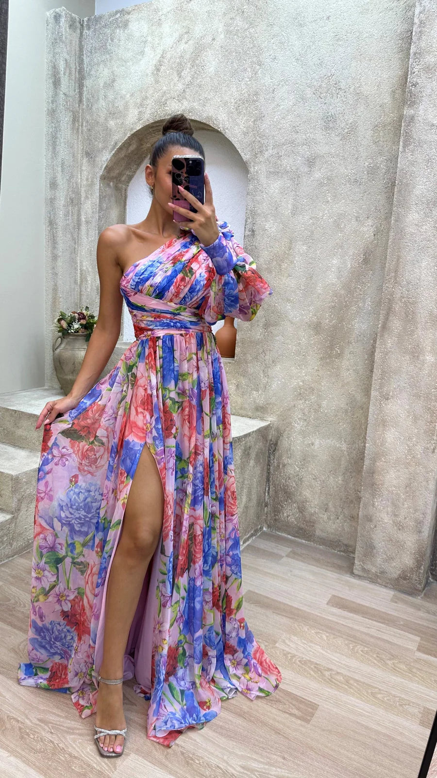 Aida | Women’s Flowy Floral One Shoulder High Slit Maxi Dress