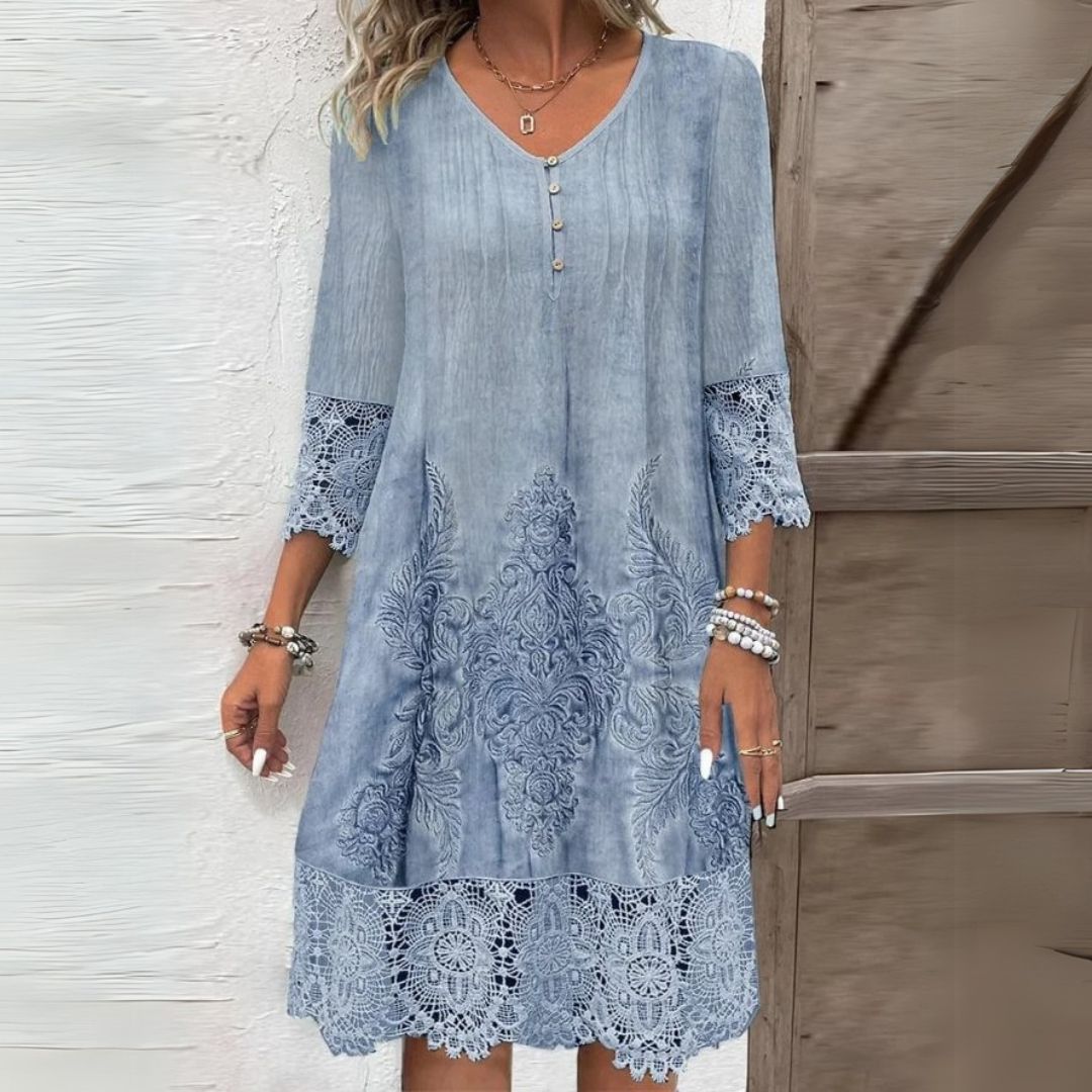 Aigerim | Women's V Neck Button Front Open Work Midi Dress